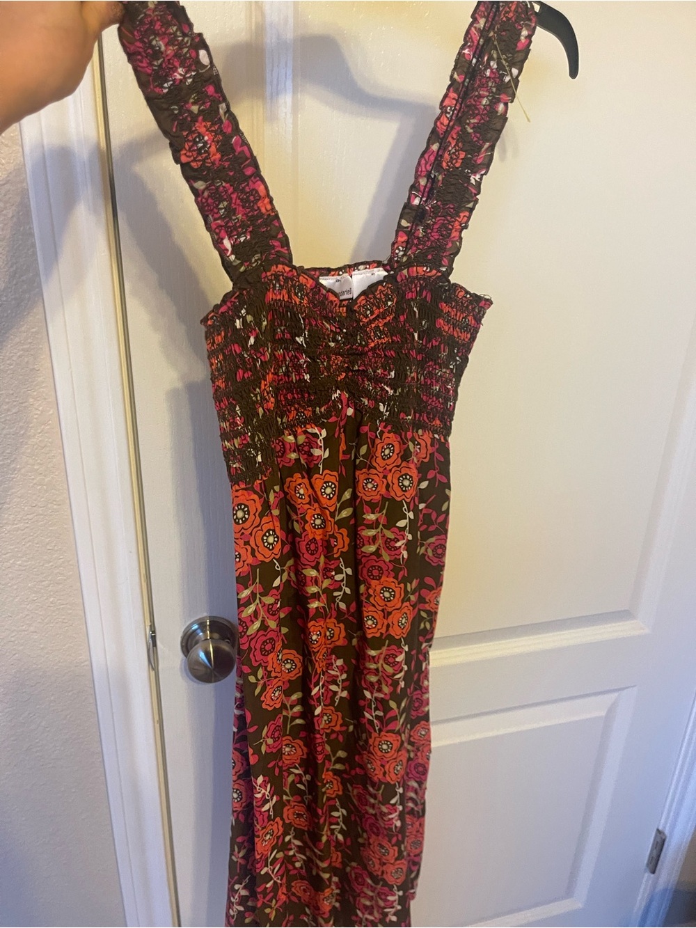 No Boundaries Brown Floral Smocked Maxi Dress with Pink and Orange Accents